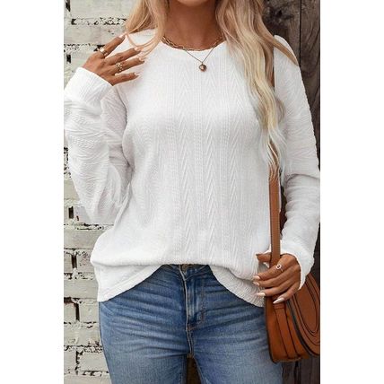 White Round Neck Drop Shoulder Textured Knit Top