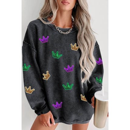 Black Mardi Gras Crown Sequin Patch Corded Baggy Sweatshirt