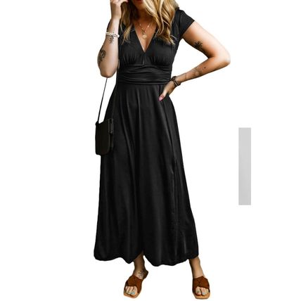 Black Short Sleeve Shirred High Waist V Neck Maxi Dress