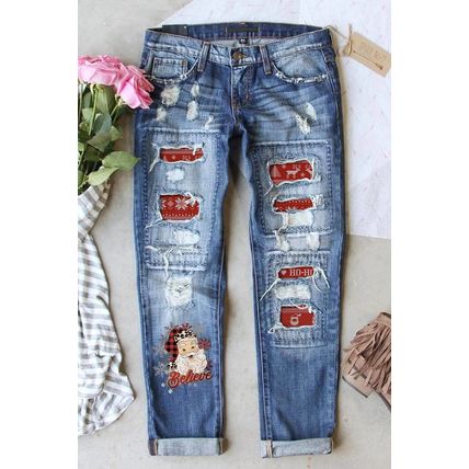 Sky Blue Santa Claus Pattern Splicing Distressed Boyfriend Jeans