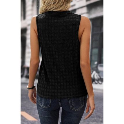 Black Lattice Textured Split Neck Tank Top