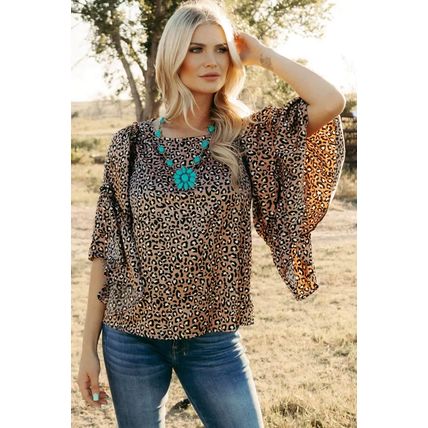 Chestnut Leopard Print Ruffle Wide Sleeve Blouse