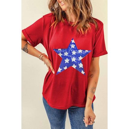Red Sequin Star Graphic Crewneck T Shirt