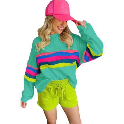 Green Colorful Striped Accent Long Sleeve T Shirt