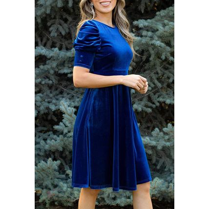Sail Blue Velvet Ruched Short Sleeve Pocketed Mini Dress