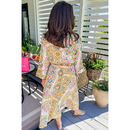 White Paisley Print Buttoned Knotted High Waist Midi Dress