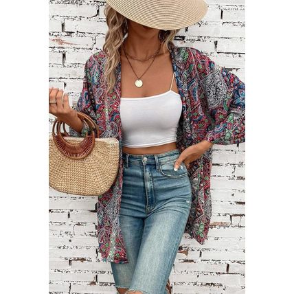 Red Paisley Print Open Front Kimono
