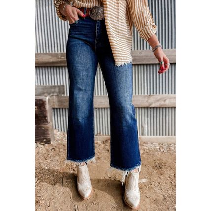 Sail Blue Mineral Wash Raw Hem High Waist Flared Jeans