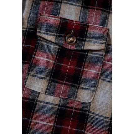 Red Plaid Print Chest Pocket Buttoned Hooded Shacket