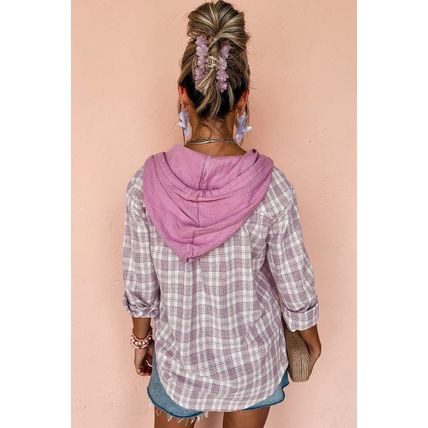 Pink Checkered Print Loose Fit Buttoned Hooded Shacket