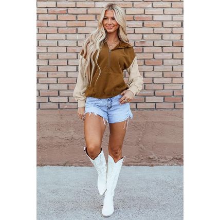 Chestnut Color Block Half Zip Kangaroo Pocketed Hoodie