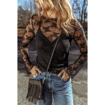 Black Lace Mesh Crochet Splicing Slim Fit Long Sleeve Blouse