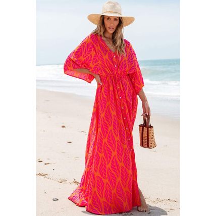 Orange Leafy Print 3/4 Sleeve V Neck Buttoned Split Maxi Dress