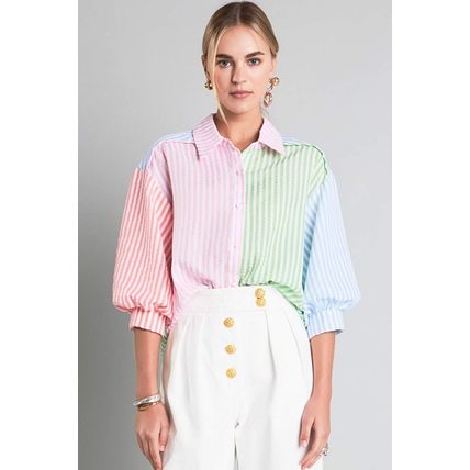 Pink Stripe Color Block Balloon Sleeve Buttoned Loose Fit Shirt