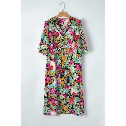 Green Floral Puff Sleeve V Neck Tassel Drawstring Dress