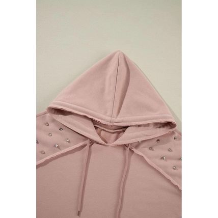 Fushia Solid Color Rivet Stud Raglan Sleeve Hoodie with Pocket