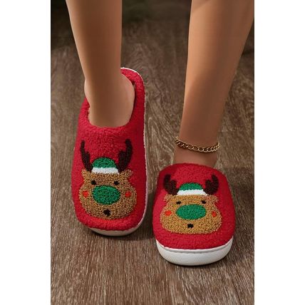 Fiery Red Christmas Reindeer Pattern Thick Sole Plush Slippers