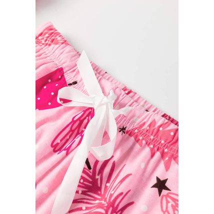 Pink Christmas Tree Print V Neck Buttoned Pullover and Drawstring Pants Lounge S