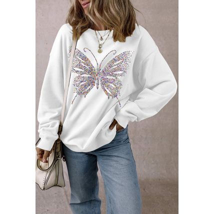 White Rhinestone Butterfly Graphic Crewneck Oversized Sweatshirt