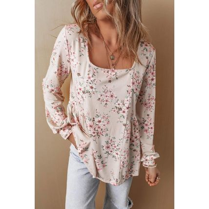 Pink Floral Print Pleated U Neck Loose Fit Blouse