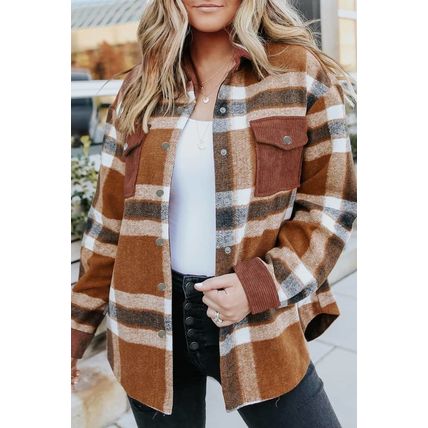 Brown Pocketed Buttoned Plaid Shirt Jacket