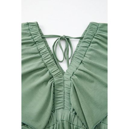 Grass Green Textured V Neck Flutter Sleeve Ruffled Maxi Dress