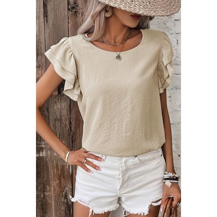 Beige Solid Color Ruffled Short Sleeve Casual Blouse