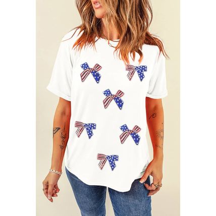 White Sequin Flag Bow Pattern Crew Neck Patriotic Tee
