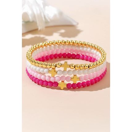 Gold Cross Beaded Multi Layered Elastic Bracelet Set