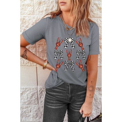 Gray Checkered Bow Crawfish Printed Summer Tee