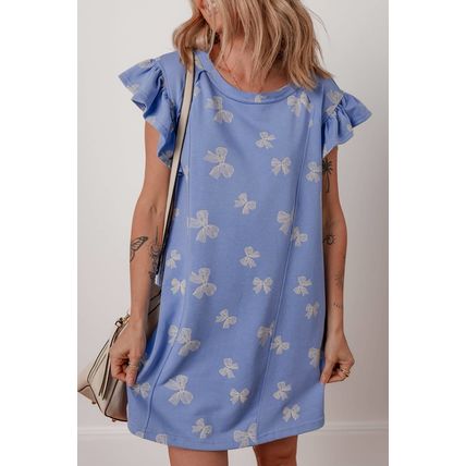 Sky Blue Bow Knot Print Crewneck Ruffled Sleeve Shift Mini Dress