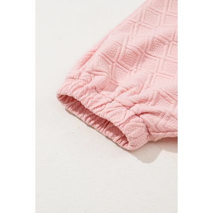 Light Pink Contrast Striped Collar Patchwork Textured Half Sleeve Blouse