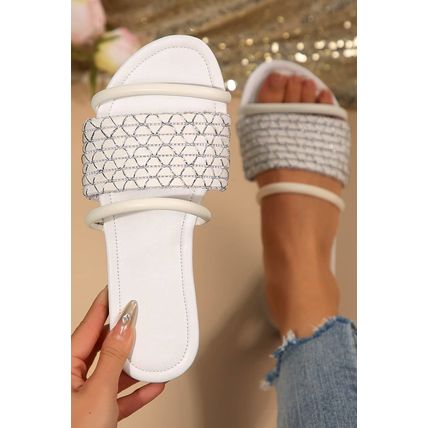 White Crochet Dual Straps Square Toe Flat Slippers