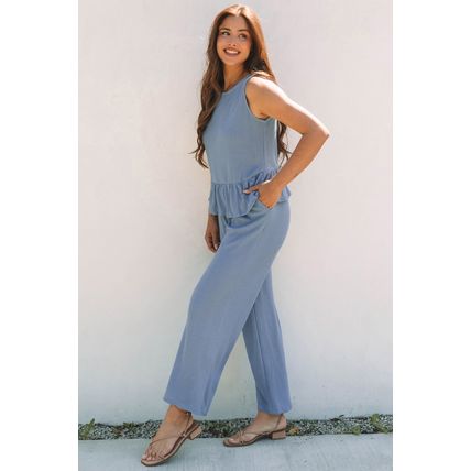 Beau Blue Solid Color Ribbed Ruffle Tank Top and Pants Set