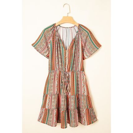 Red Bohemian Floral Print Buttoned V Neck Ruffle Tiered Dress