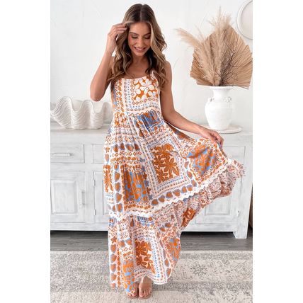 Orange Multi Printed Ricrac Trim Spaghetti Straps Maxi Dress