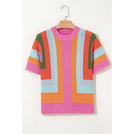 Orange Color Block Eyelet Casual Sweater T Shirt