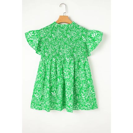 Green Floral Flutter Sleeve Shirred Notched Neck Plus Size Blouse