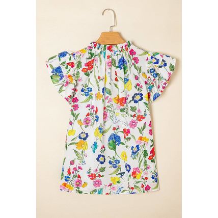White Floral Print Ruffle Tiered Sleeve Split V Neck Blouse
