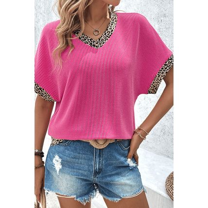 Bright Pink Leopard Patchwork Corded Texture V Neck T Shirt
