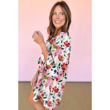 Red Floral Contrast Striped V Neck Puff Half Sleeve Shift Dress