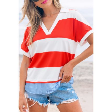 Red Stripe Collar V Neck Cuffed Dolman Short Sleeve Top