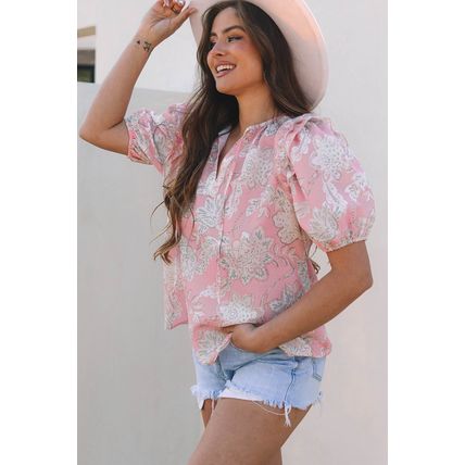 Pink Floral Print Drawstring V Neck Puff Sleeve Loose Blouse