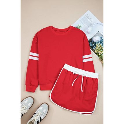 Fiery Red Varsity Stripe Detail Drop Shoulder Pullover Mini Skirt Set