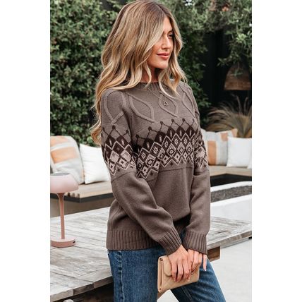 Light French Beige Western Geometric Patterned Crew Neck Knitted Sweater