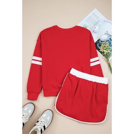 Fiery Red Varsity Stripe Detail Drop Shoulder Pullover Mini Skirt Set