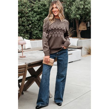 Light French Beige Western Geometric Patterned Crew Neck Knitted Sweater