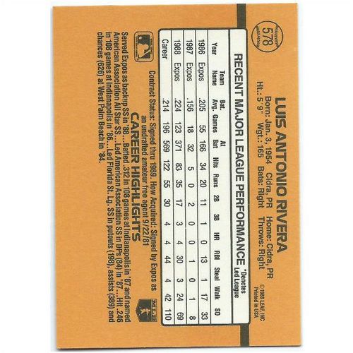 1989 Donruss - #578 - Luis Antonio Rivera DP UER (Wrong Birthdate)