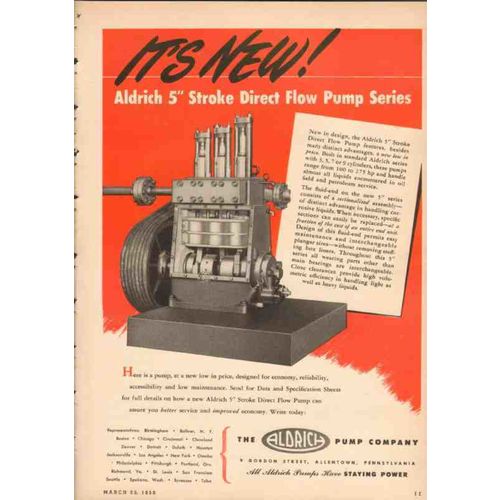 aldrich pump company 1950 new stroke direct flow low cost vintage ad