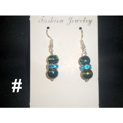 Asian style freehand painted round black glass earrings with turquoise crystal